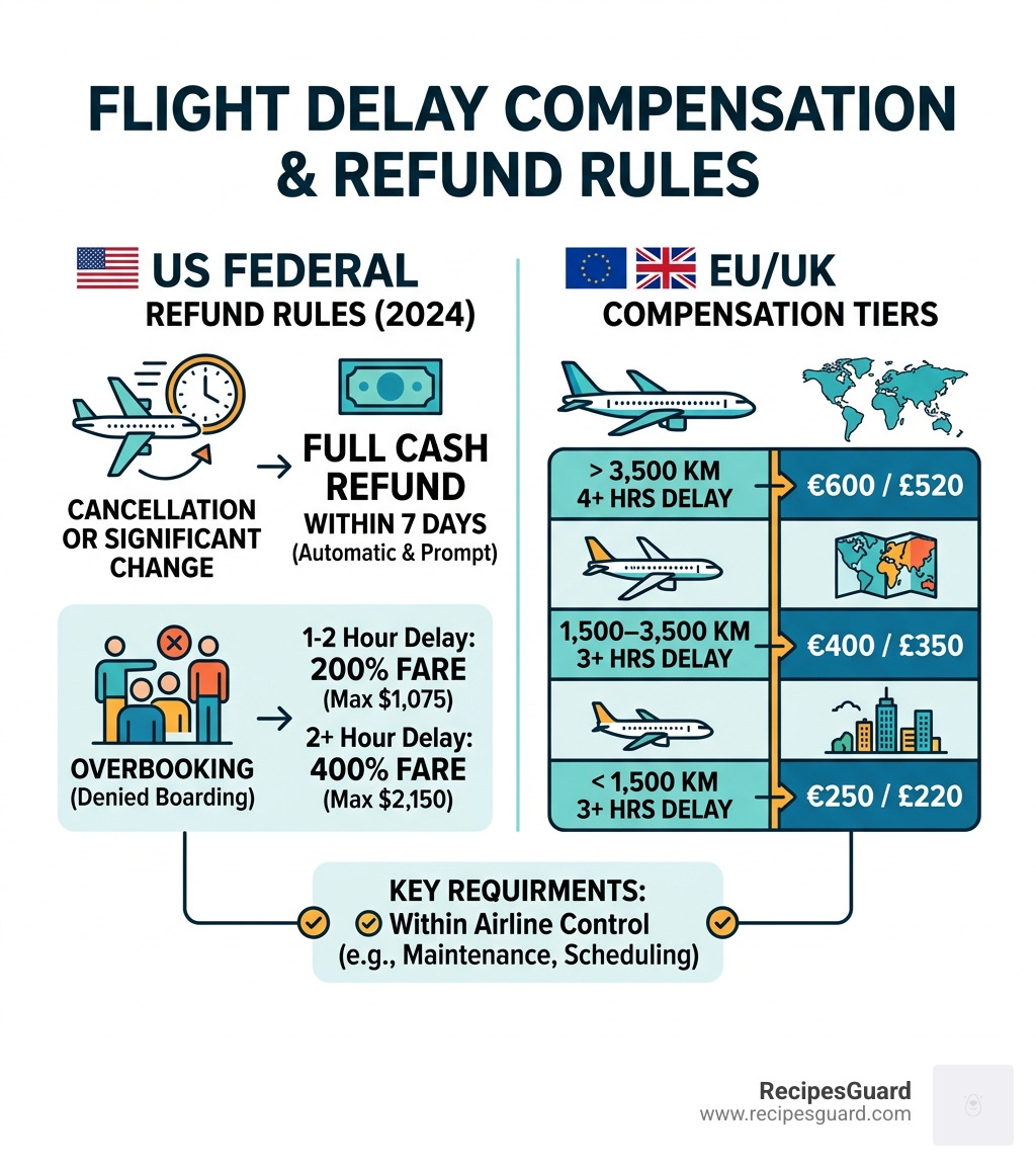 Infographic showing 2024 US federal refund rules and EU/UK compensation tiers by flight distance and delay duration - flight