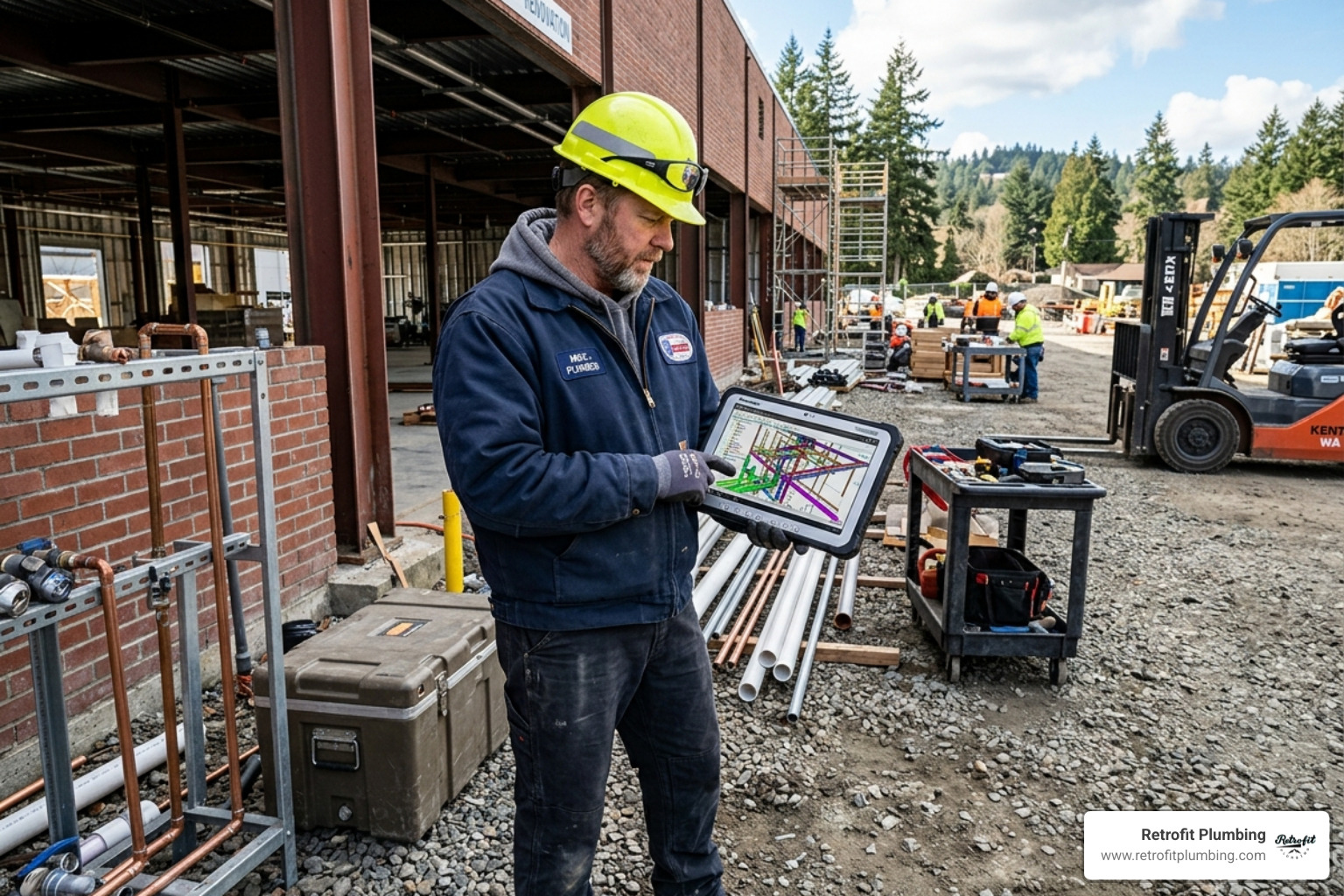 Plumber reviewing 3D BIM models on a tablet at a Kent job site - commercial plumbing construction Plumber reviewing 3D BIM models on a tablet at a Kent job site - commercial plumbing construction