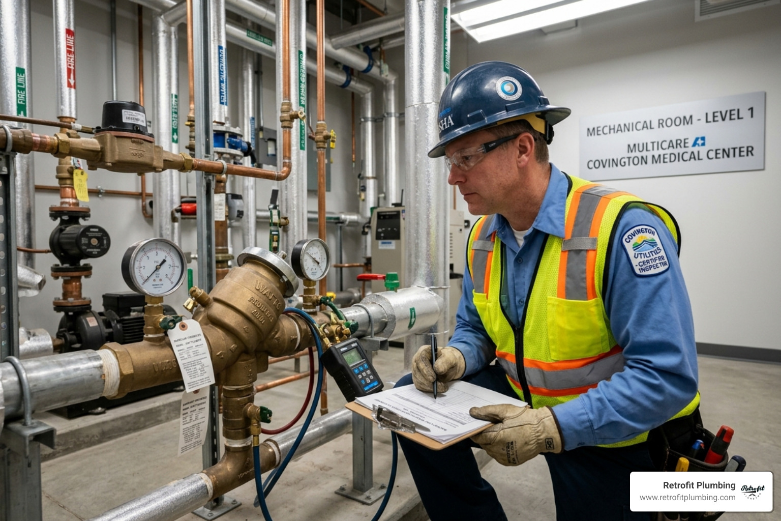 Certified inspector checking backflow preventers in a Covington medical facility - commercial plumbing construction Certified inspector checking backflow preventers in a Covington medical facility - commercial plumbing construction