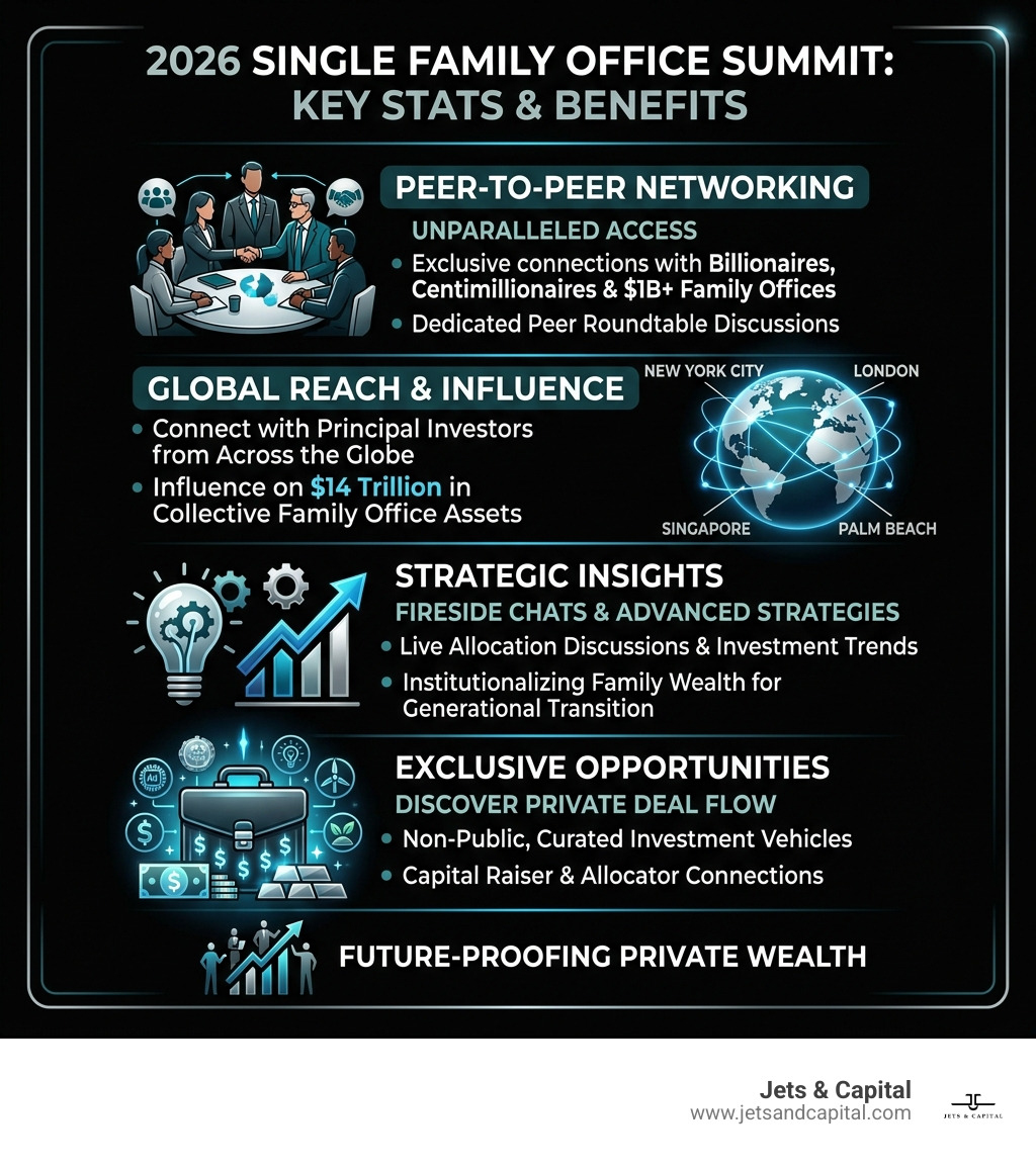 Key stats and benefits of attending a single family office summit in 2026 - single family office summit infographic Key stats and benefits of attending a single family office summit in 2026 - single family office summit infographic