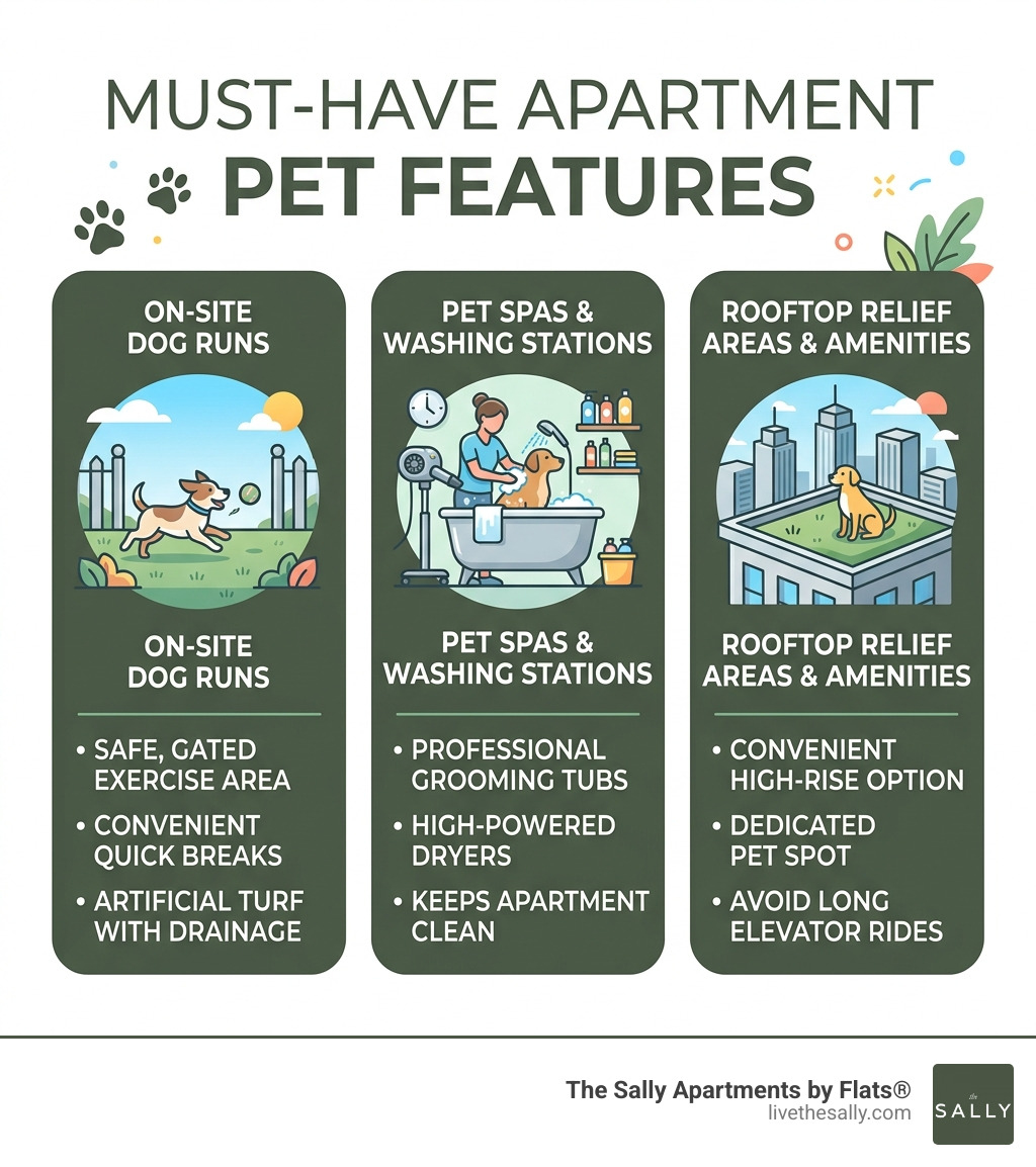 Infographic showing must-have apartment pet features like dog runs and pet spas - apartments with dogs infographic 