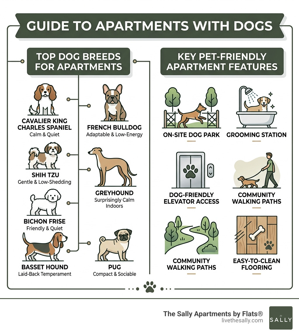 Infographic showing best apartment dog breeds and key pet-friendly apartment features - apartments with dogs infographic 