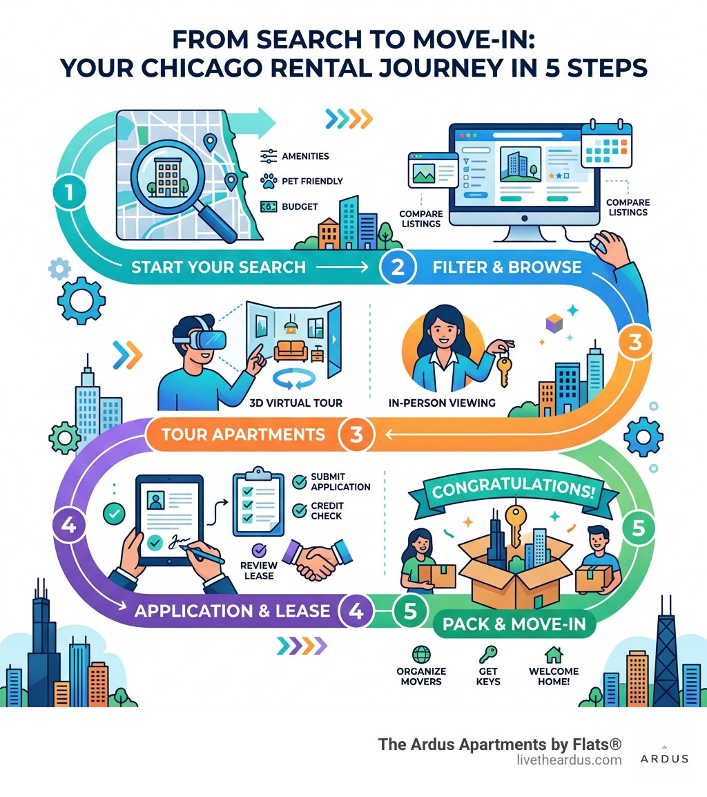 Infographic showing the 5-step process from search to move-in for Chicago rentals - apartments for rent downtown chicago