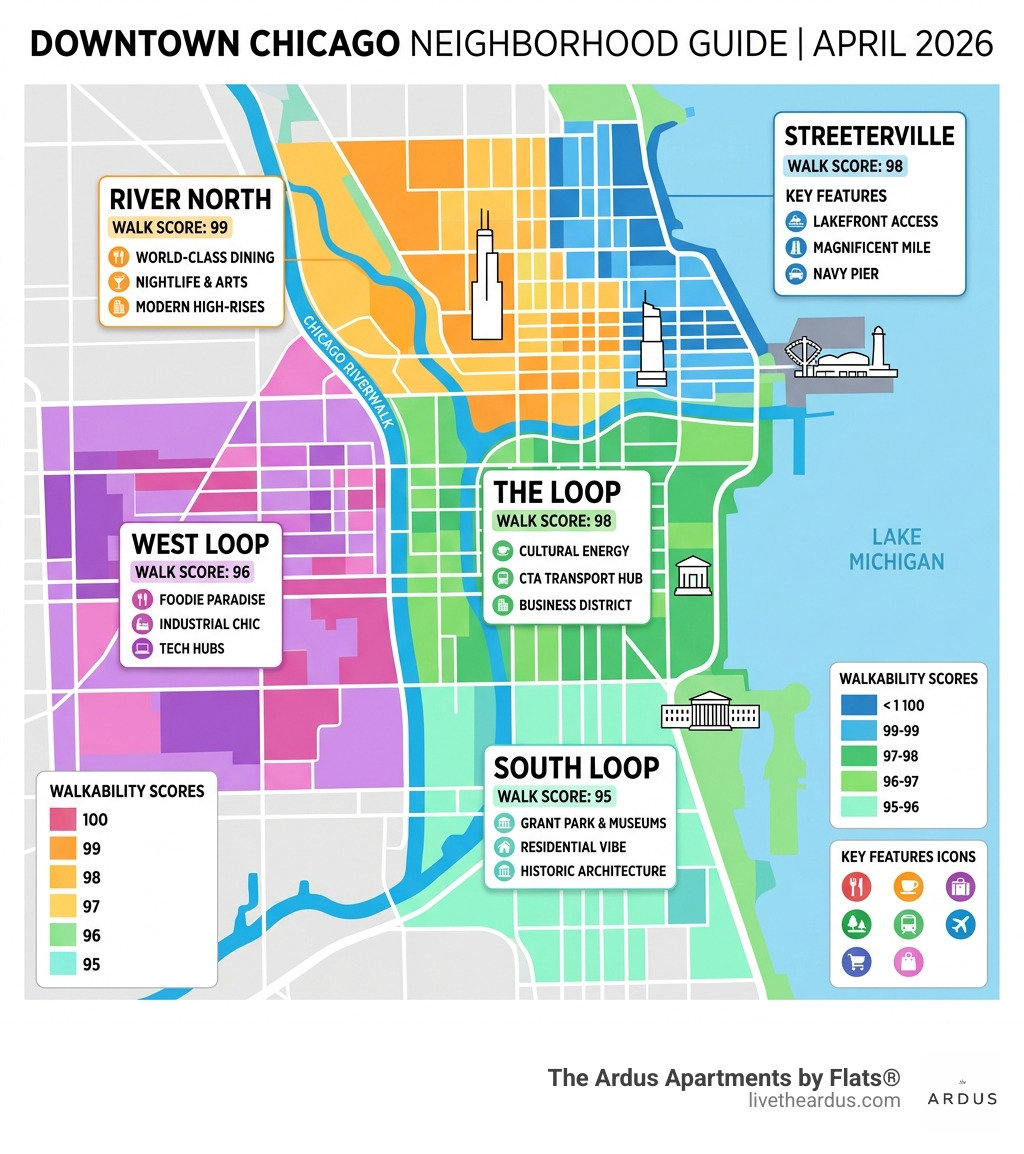 Map infographic of downtown Chicago neighborhoods with key features and walkability scores - apartments for rent downtown