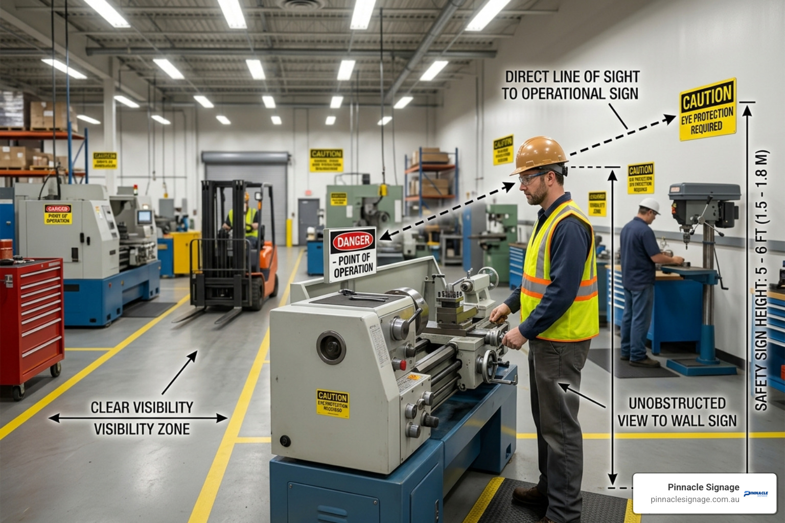 A facility safety guide demonstrating how machine hazard signs are integrated into visibility zones around lathes and heavy equipment to prevent accidents.