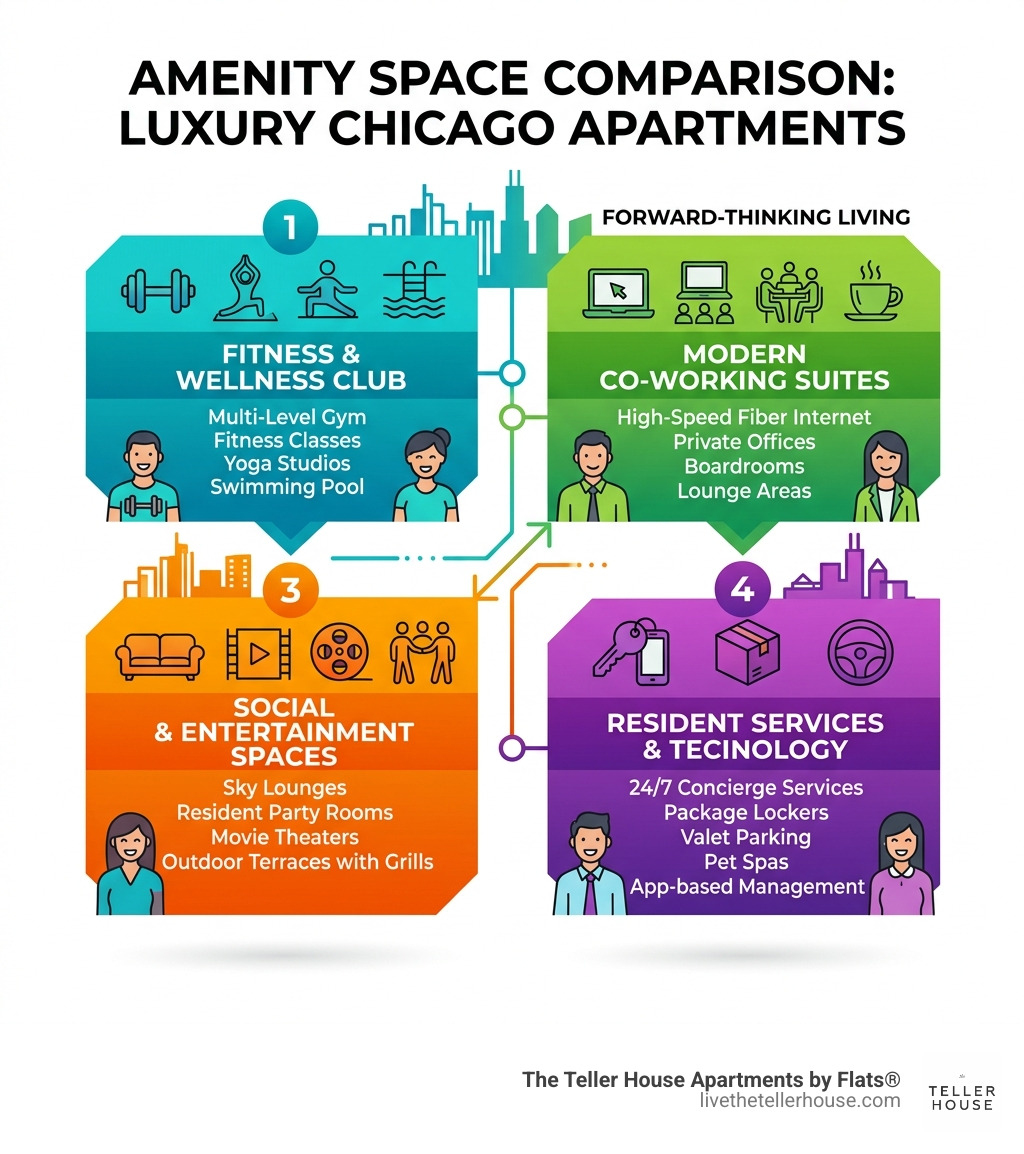 Amenity space comparison infographic - Chicago luxury apartment buildings infographic Amenity space comparison infographic - Chicago luxury apartment buildings infographic
