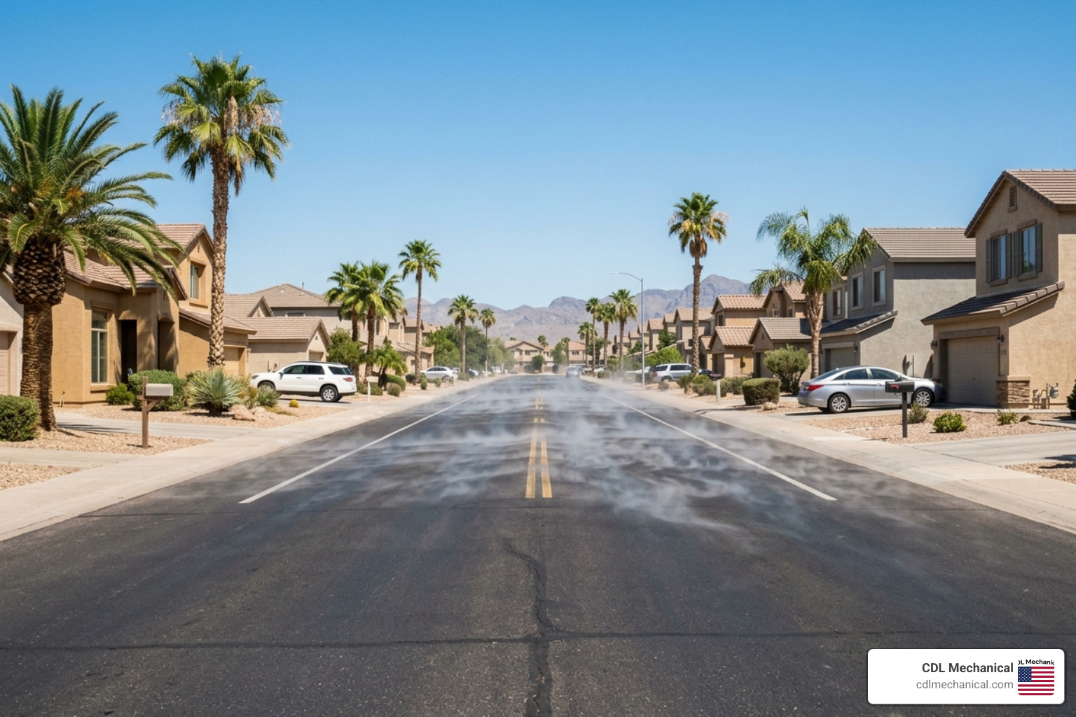 Shimmering heat waves rising from a West Valley asphalt street toward a residential neighborhood - how the west valley Shimmering heat waves rising from a West Valley asphalt street toward a residential neighborhood - how the west valley