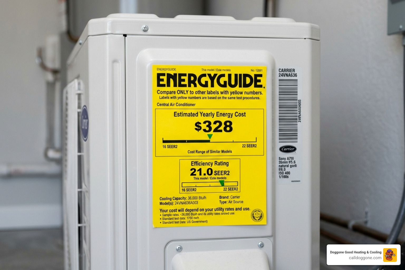 EnergyGuide label on a new HVAC system showing efficiency ratings - standard efficiency vs high efficiency ac comparison EnergyGuide label on a new HVAC system showing efficiency ratings - standard efficiency vs high efficiency ac comparison