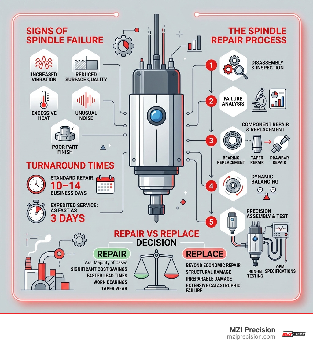 Infographic showing CNC spindle repair process steps, failure signs, turnaround times, and repair vs replace decision