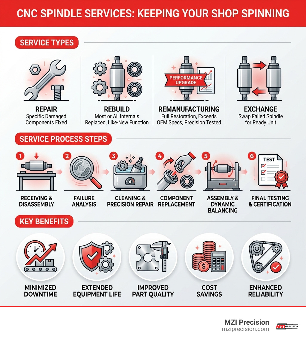 Infographic showing CNC spindle service types repair rebuild remanufacturing process steps and key benefits - cnc spindle