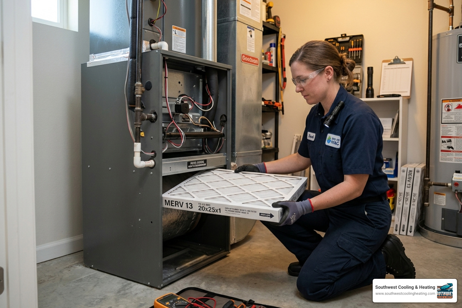 A technician installing a high-efficiency MERV 13 air filter into a residential HVAC unit - how to improve indoor air