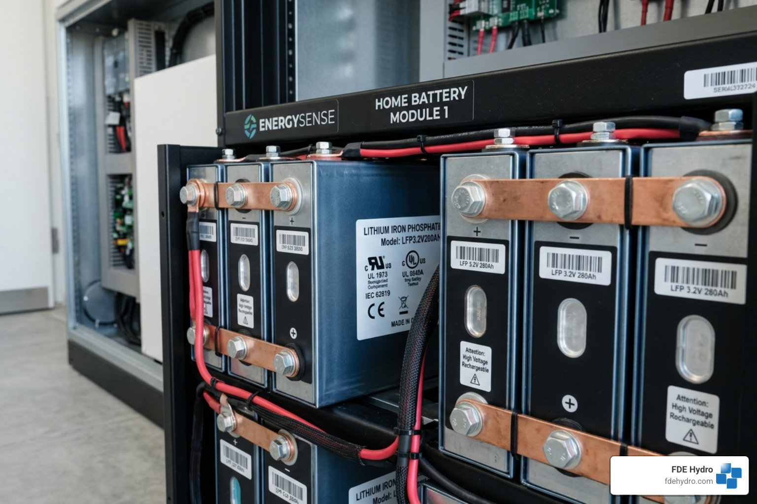 Close-up of Lithium Iron Phosphate battery cells with safety certifications visible - base energy Close-up of Lithium Iron Phosphate battery cells with safety certifications visible - base energy