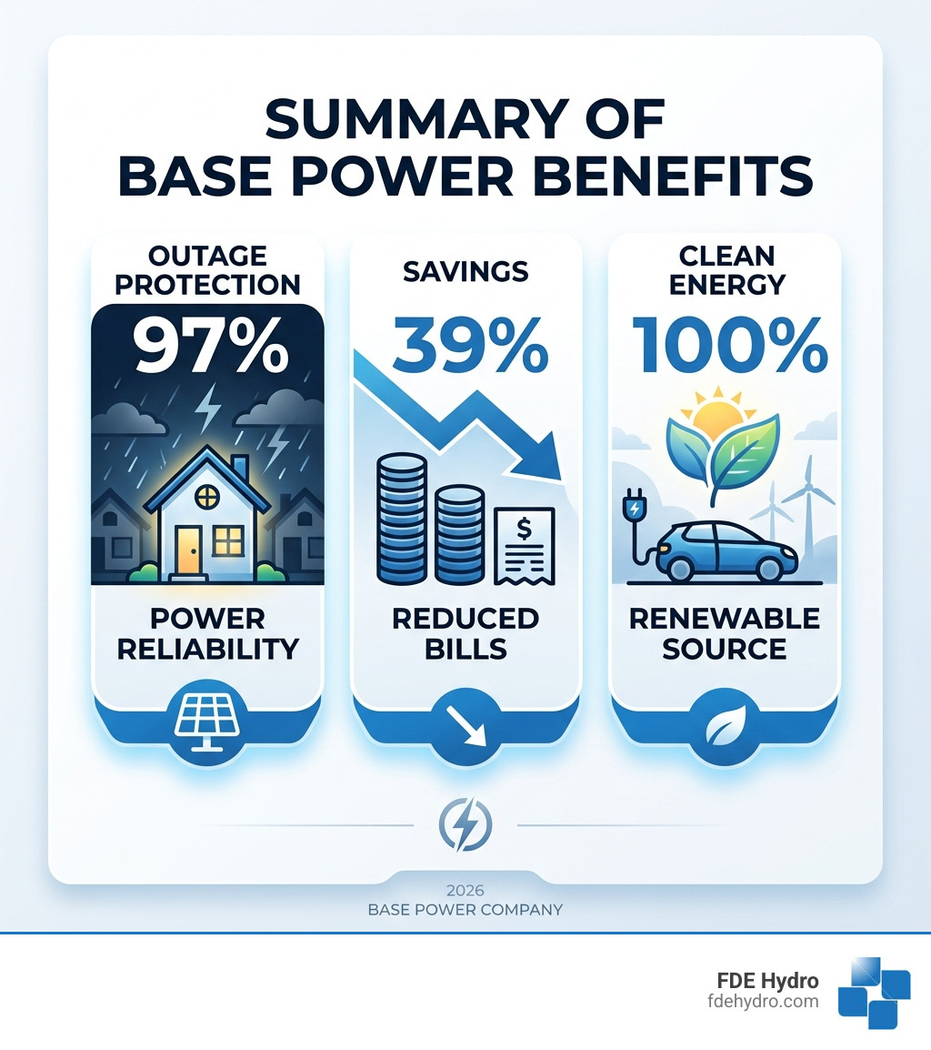 Infographic summarizing the benefits of Base Power: 97% outage protection, 39% savings, and 100% clean energy - base energy Infographic summarizing the benefits of Base Power: 97% outage protection, 39% savings, and 100% clean energy - base energy