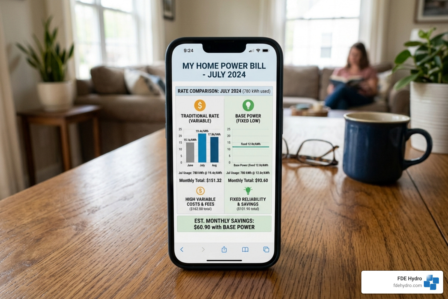 Digital electricity bill comparison showing traditional high rates versus Base Power fixed rates - base energy Digital electricity bill comparison showing traditional high rates versus Base Power fixed rates - base energy