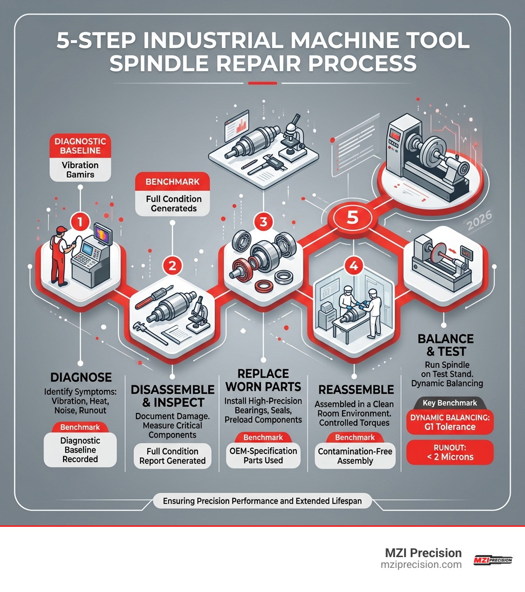 Infographic showing the 5-step industrial machine tool spindle repair process with key quality benchmarks - industrial