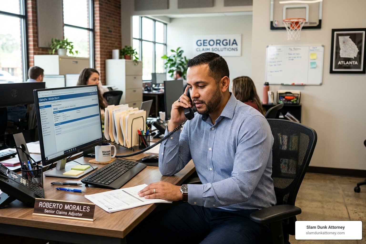 Car insurance adjuster on a phone call in an office setting - auto accident lawyer marietta Car insurance adjuster on a phone call in an office setting - auto accident lawyer marietta