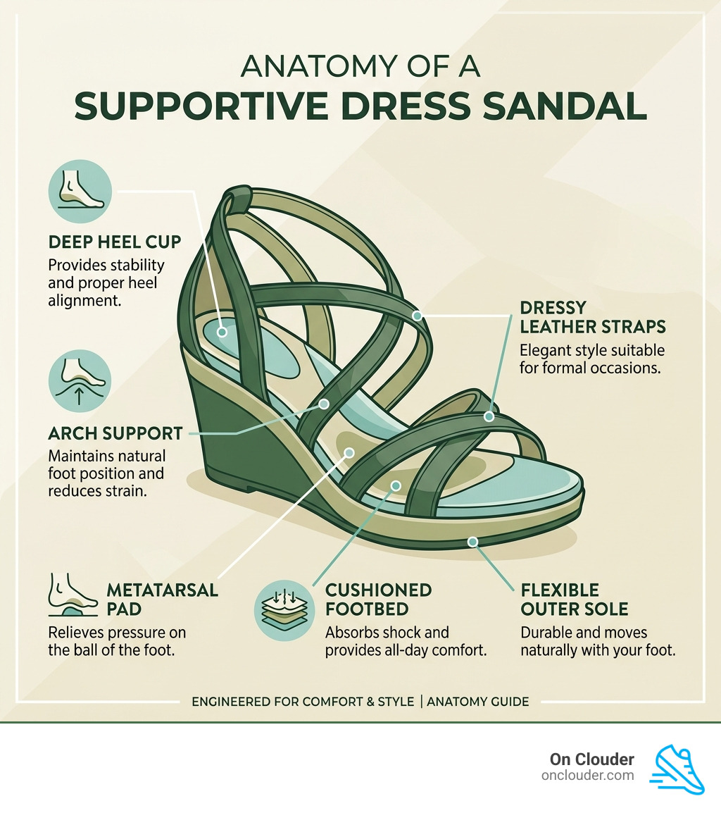 Anatomy of a supportive dress sandal showing arch support, heel cup, metatarsal pad, and cushioned footbed - dress sandals Anatomy of a supportive dress sandal showing arch support, heel cup, metatarsal pad, and cushioned footbed - dress sandals
