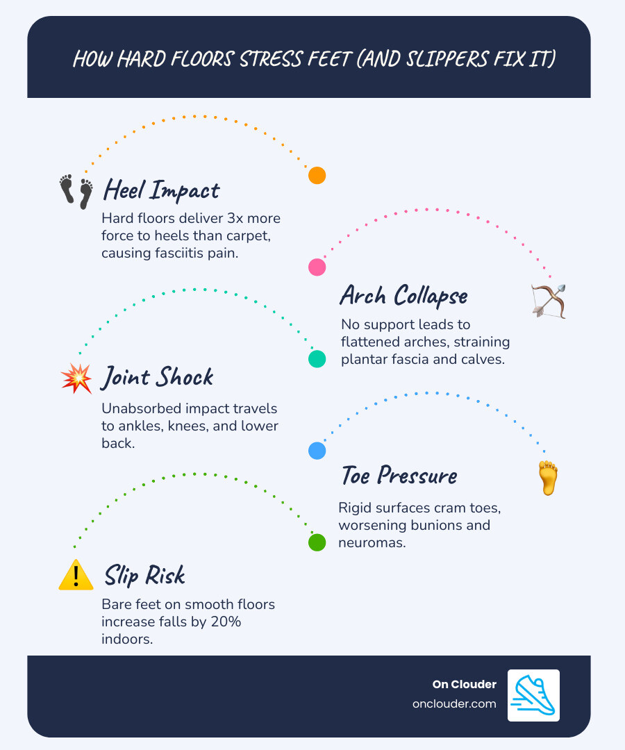 infographic showing how hard floors impact foot joints and what slipper features counter each stress point - best slippers