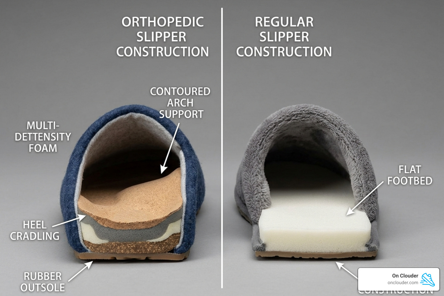 Comparison of orthopedic vs regular slipper construction showing arch support and heel cradling - best slippers for foot pain