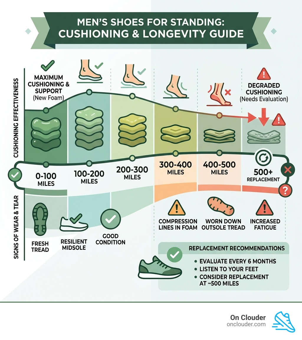 Graph showing shoe longevity and cushioning degradation over 500 miles - men's shoes for standing infographic Graph showing shoe longevity and cushioning degradation over 500 miles - men's shoes for standing infographic