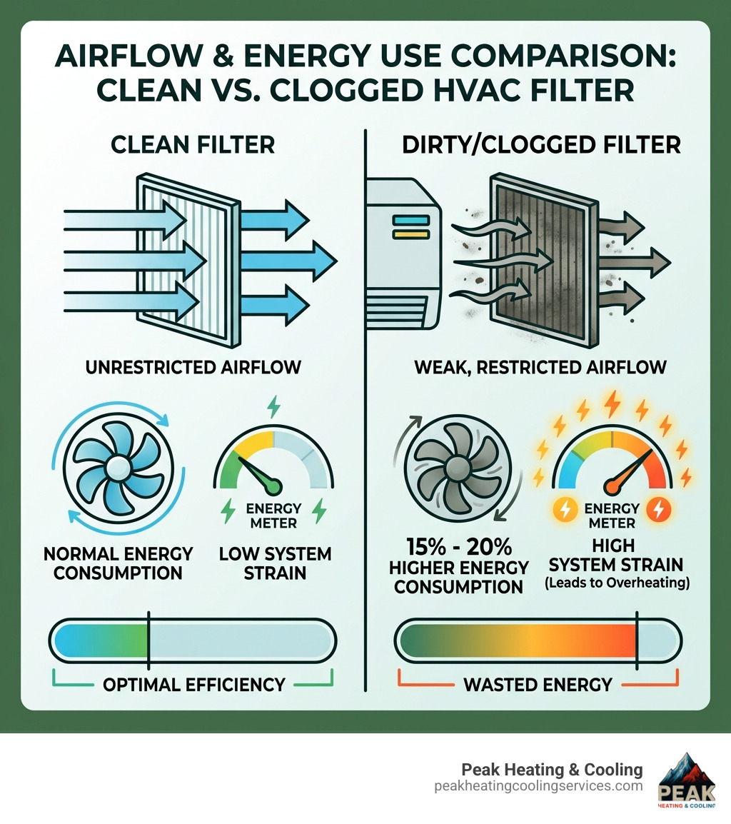 Infographic comparing airflow and energy use between a clean filter and a clogged filter - hvac troubleshooting infographic Infographic comparing airflow and energy use between a clean filter and a clogged filter - hvac troubleshooting infographic