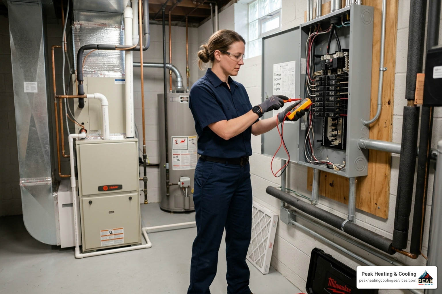 professional technician checking a residential circuit breaker panel in a clean basement - hvac troubleshooting professional technician checking a residential circuit breaker panel in a clean basement - hvac troubleshooting