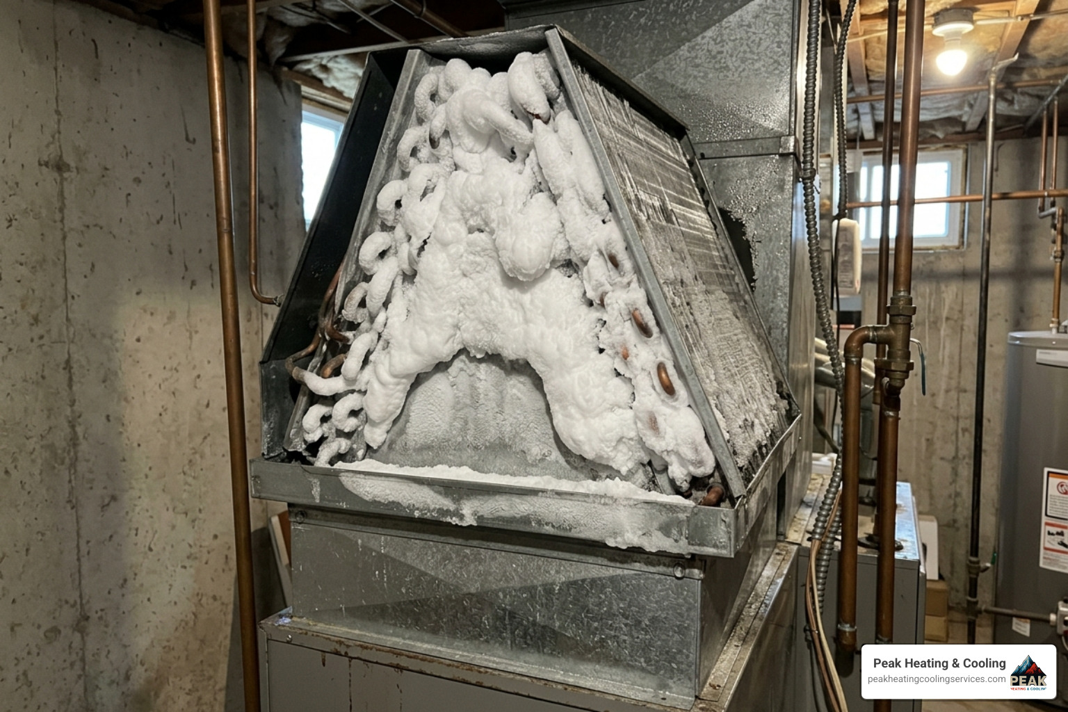 close-up of an indoor evaporator coil covered in a thick layer of white ice - hvac troubleshooting close-up of an indoor evaporator coil covered in a thick layer of white ice - hvac troubleshooting