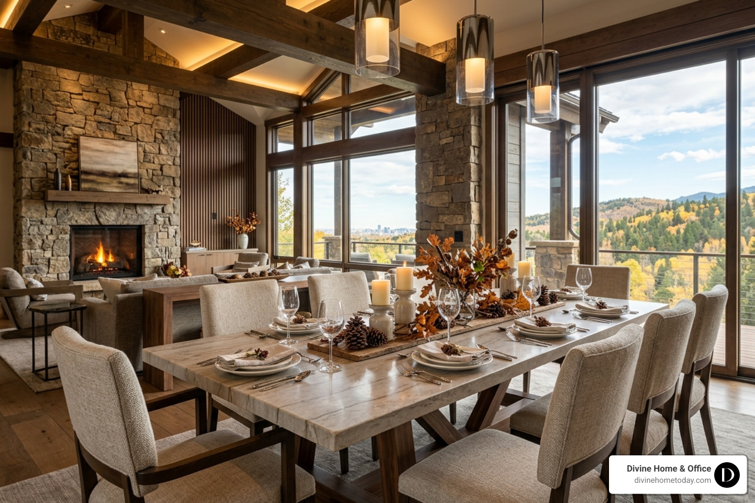 Luxury dining room set with a stone-top table and seasonal mountain accents - home furniture sets Luxury dining room set with a stone-top table and seasonal mountain accents - home furniture sets