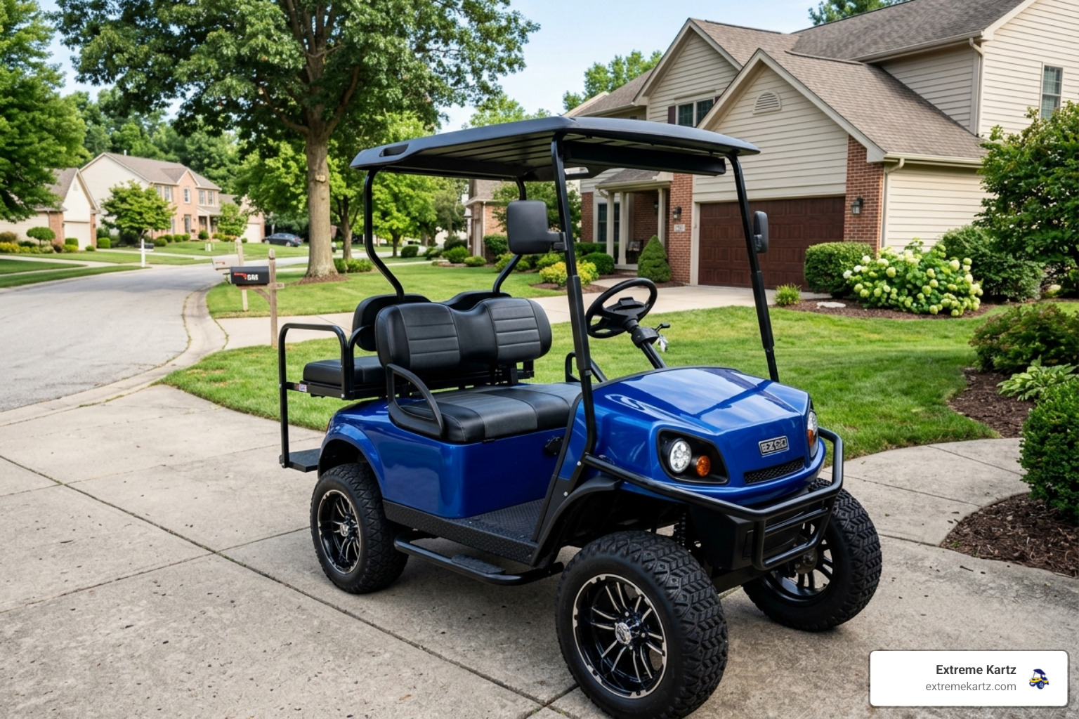EZGO TXT golf cart with DoubleTake Titan body kit in vibrant color on a residential driveway - ezgo titan body kit