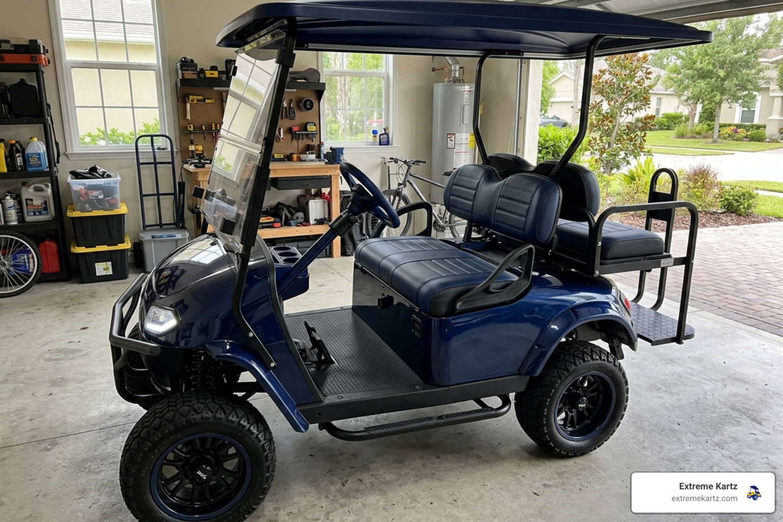 A fully customized EZGO TXT with a Titan body, color-matched Sentry dashboard, and Pilot steering wheel - ezgo titan body kit