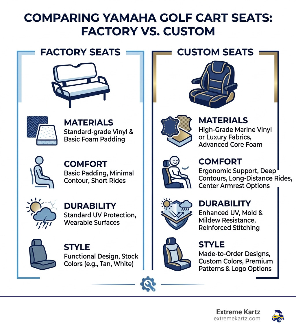 Infographic comparing factory vs custom Yamaha golf cart seats: materials, comfort, durability, and style - custom golf cart