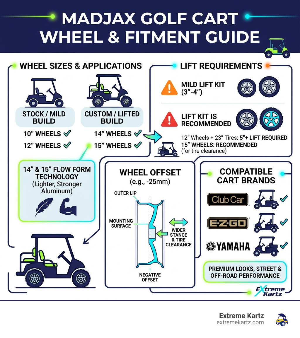 infographic showing MadJax golf cart wheel sizes, offsets, lift requirements, and compatible cart brands - madjax golf cart