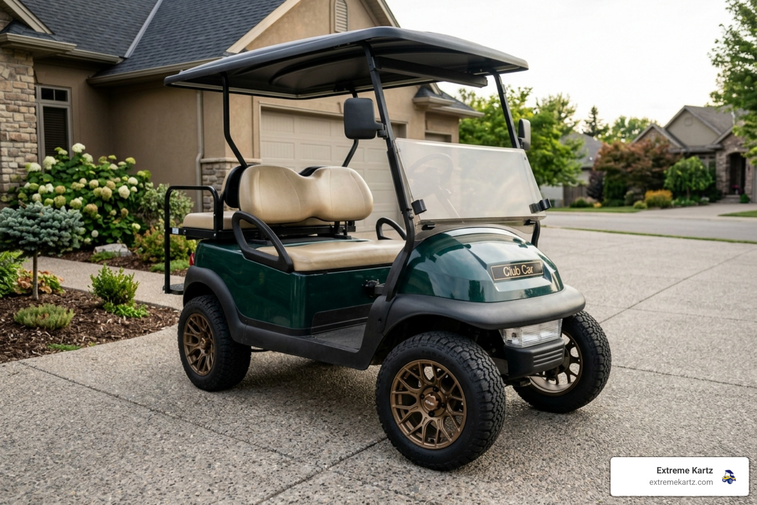 15-inch MadJax Flow Form Evolution wheels in Matte Bronze mounted on a dark green cart - madjax golf cart wheels