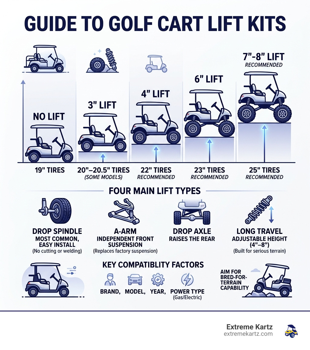 Golf cart lift kit types, tire size compatibility, and lift height comparison infographic - lifts for golf carts infographic 