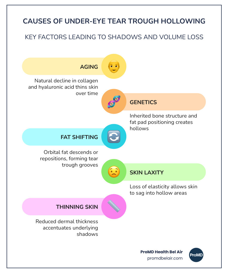 Infographic showing causes of under-eye tear trough hollowing including aging, genetics, fat shifting, and collagen loss