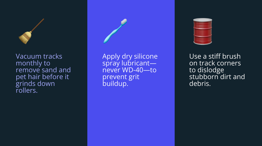 Maintenance checklist infographic: Vacuum tracks, check rollers, inspect locks, use silicone spray - sliding door repairs Maintenance checklist infographic: Vacuum tracks, check rollers, inspect locks, use silicone spray - sliding door repairs