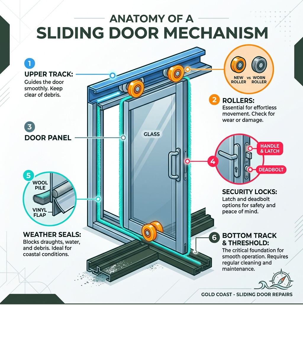 Anatomy of a sliding door mechanism infographic showing rollers, tracks, lock types, and weather seals - sliding door Anatomy of a sliding door mechanism infographic showing rollers, tracks, lock types, and weather seals - sliding door