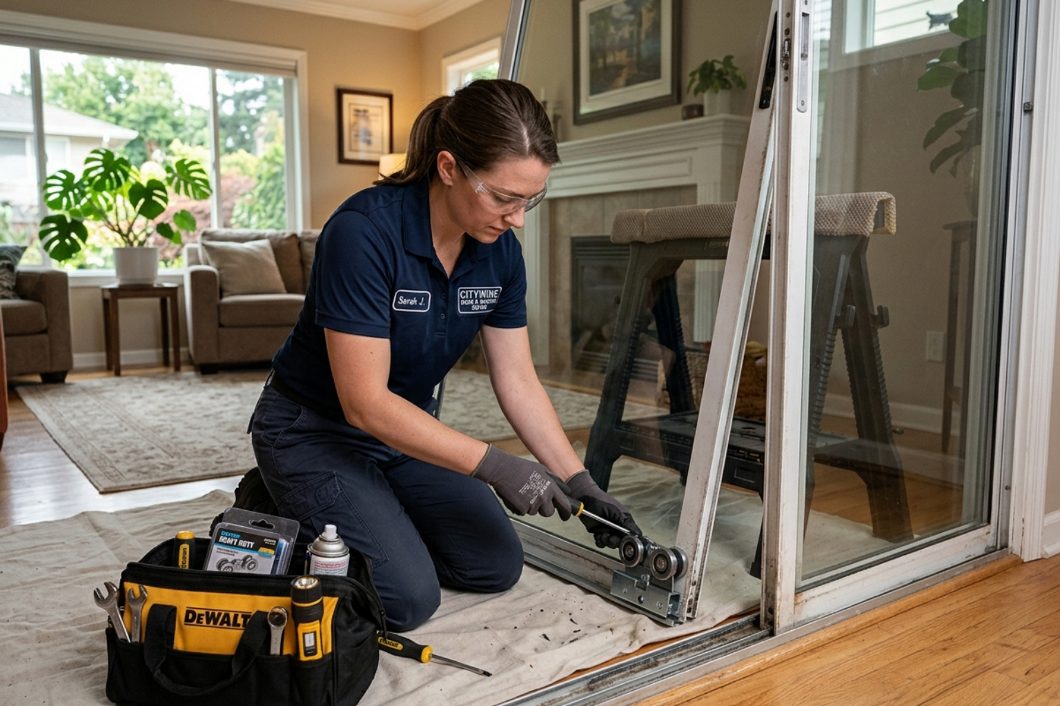 technician replacing heavy-duty rollers on a glass sliding door - sliding door repairs gold coast technician replacing heavy-duty rollers on a glass sliding door - sliding door repairs gold coast