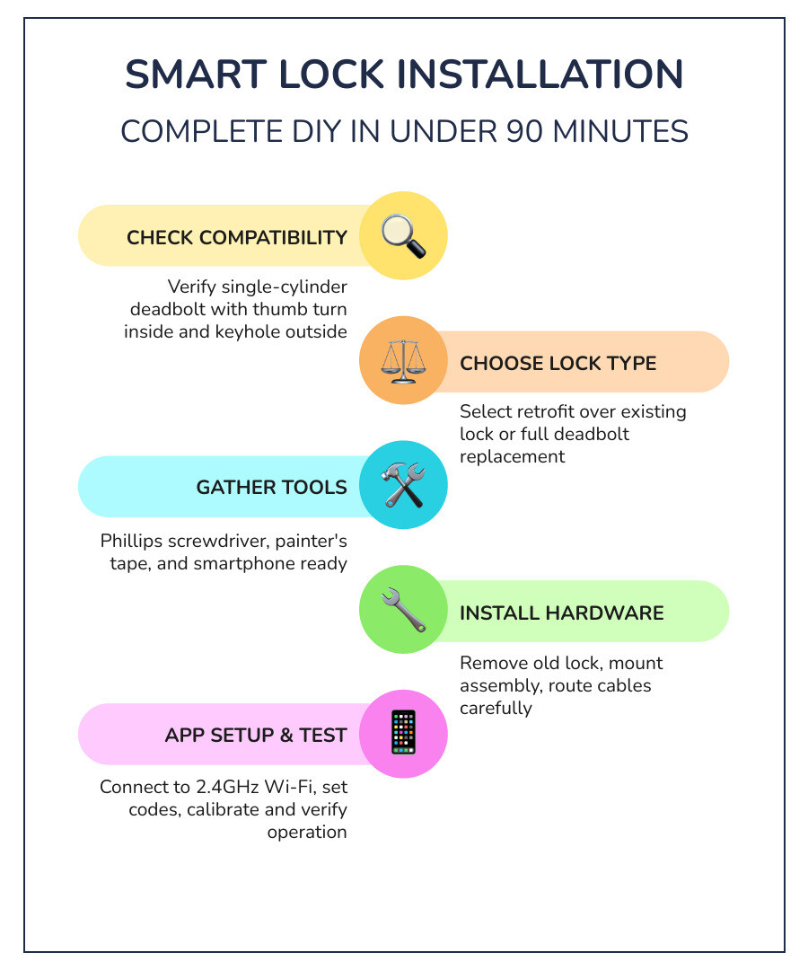 Smart lock installation overview infographic: types, tools, compatibility, steps, costs, and app setup - smart lock