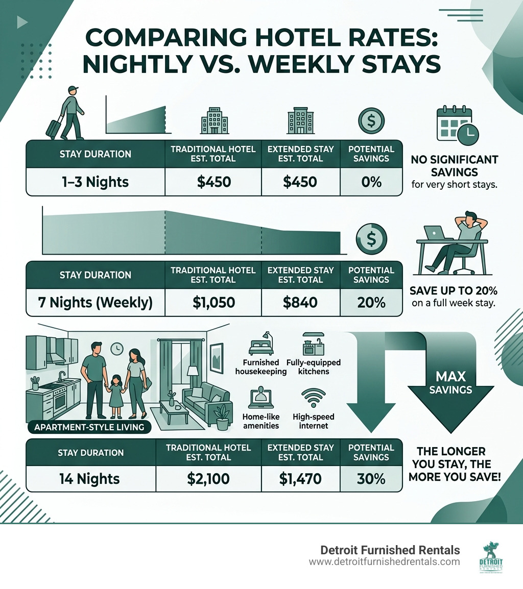 Comparison of nightly vs weekly hotel rates - week long stay hotels infographic 