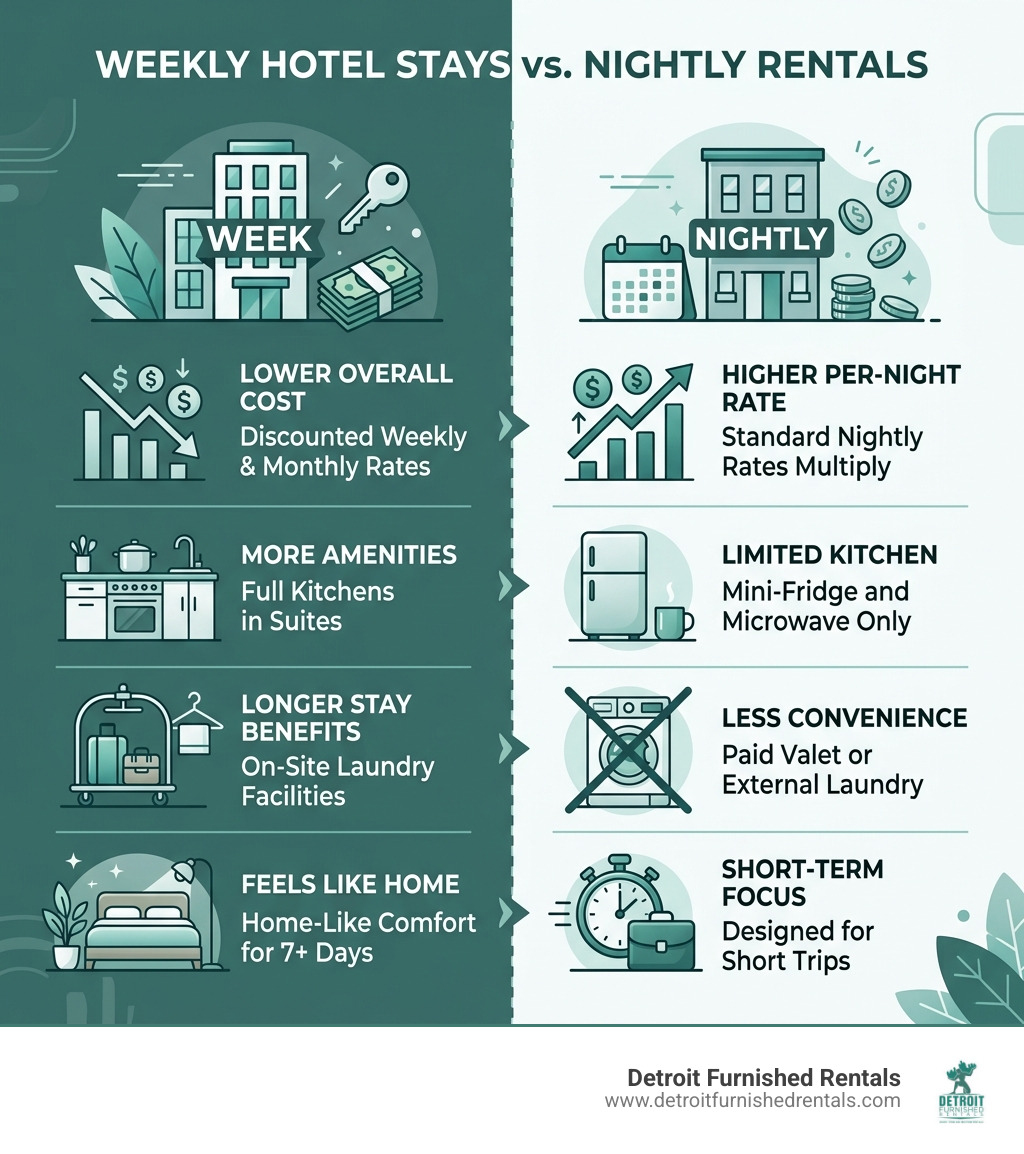 Benefits of weekly hotel stays vs. nightly rentals infographic - week long stay hotels infographic 