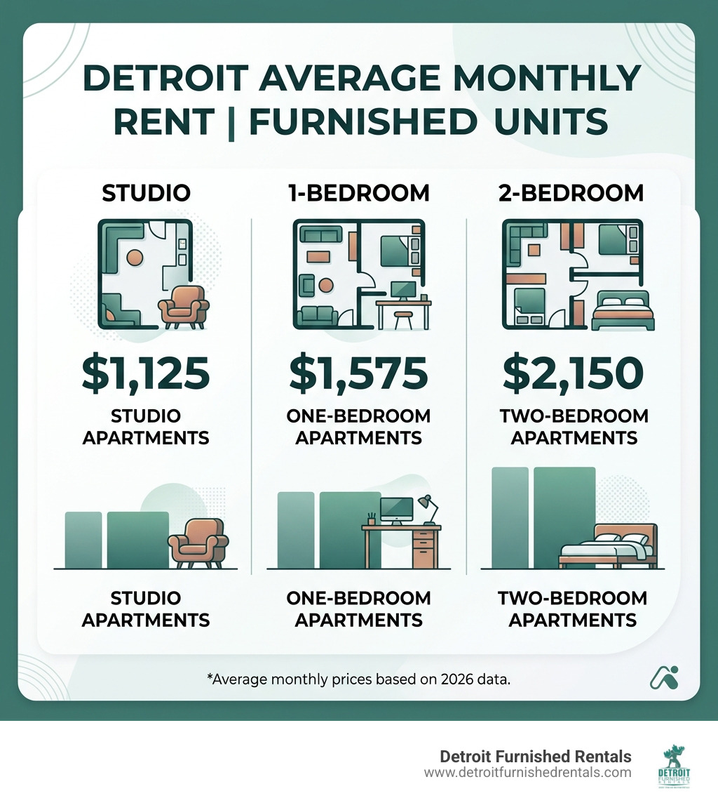 Infographic showing average monthly rent in Detroit for studios, 1-bedroom, and 2-bedroom furnished units - mid term Infographic showing average monthly rent in Detroit for studios, 1-bedroom, and 2-bedroom furnished units - mid term