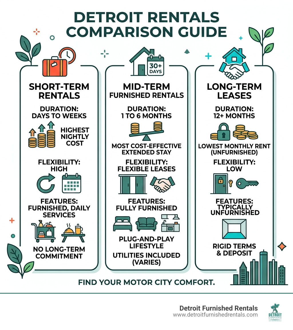 Infographic comparing short-term, mid-term, and long-term rentals in Detroit by cost, flexibility, and features - mid term Infographic comparing short-term, mid-term, and long-term rentals in Detroit by cost, flexibility, and features - mid term