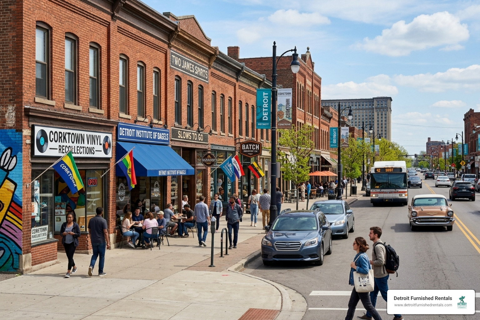 Vibrant street scene in Corktown Detroit featuring historic buildings and local shops - mid term furnished Detroit rentals Vibrant street scene in Corktown Detroit featuring historic buildings and local shops - mid term furnished Detroit rentals