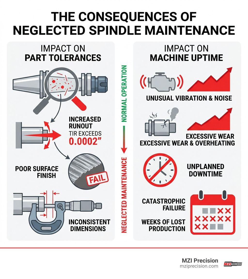 Infographic showing impact of neglected spindle maintenance on part tolerances and machine uptime - Spindle Maintenance