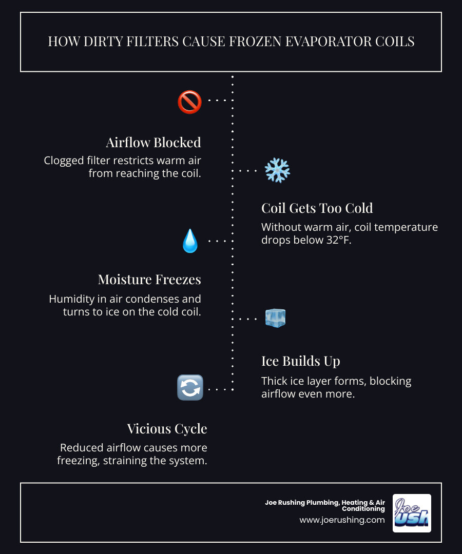 Infographic showing how dirty air filter restricts airflow causing evaporator coil to freeze in AC system - how dirty Infographic showing how dirty air filter restricts airflow causing evaporator coil to freeze in AC system - how dirty