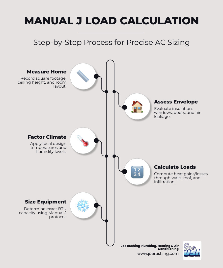 Infographic showing the six key components of a Manual J AC load calculation: square footage, insulation, climate data, heat
