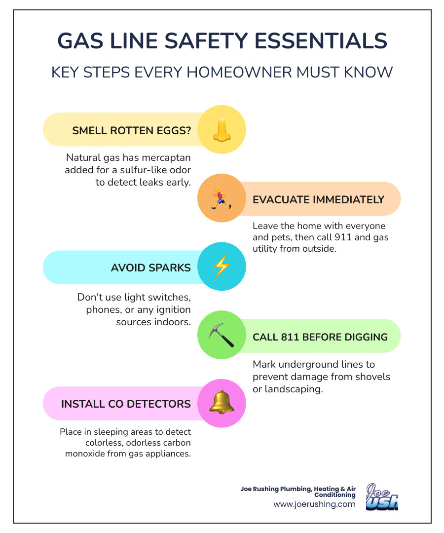 Infographic showing basics of natural gas home delivery, leak warning signs, and emergency safety steps - gas line safety Infographic showing basics of natural gas home delivery, leak warning signs, and emergency safety steps - gas line safety
