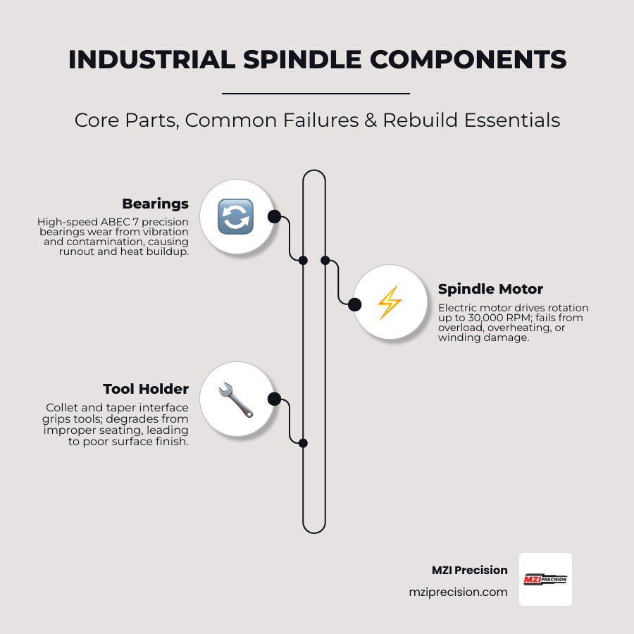 INFOGRAPHIC SHOWING INDUSTRIAL SPINDLE COMPONENTS, COMMON FAILURE MODES, AND REBUILD PROCESS OVERVIEW - INDUSTRIAL SPINDLE