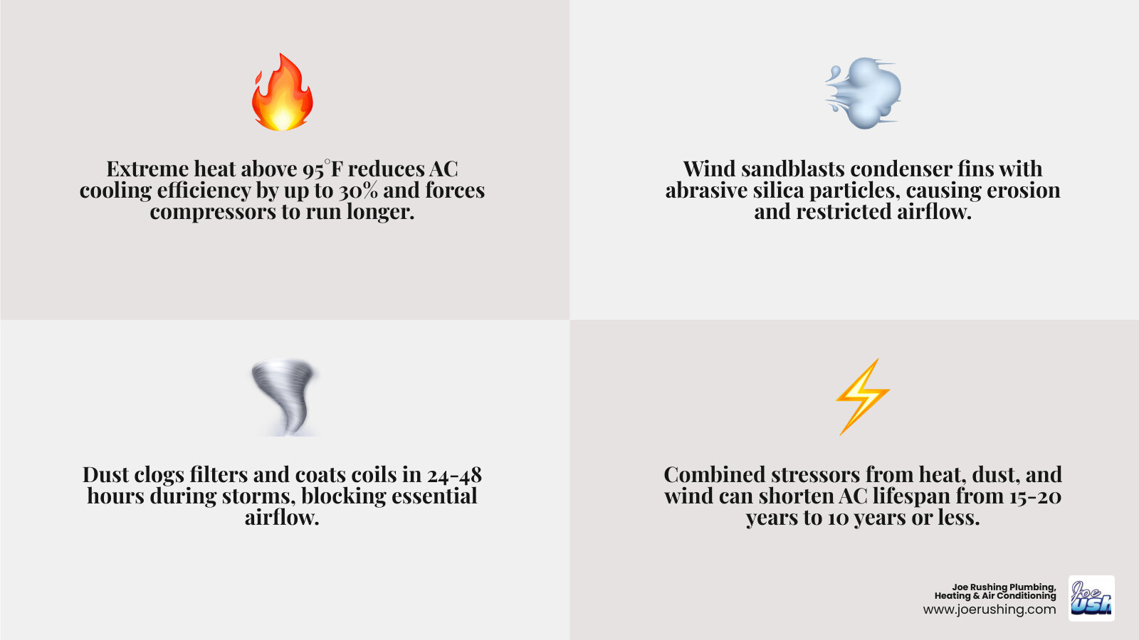 Infographic showing the Triple Threat of heat dust and wind on AC systems with damage types and warning signs - how extreme